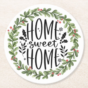 Home Sweet Home Watercolor Wreath Round Paper Coaster