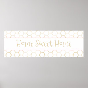 Home Sweet Home White Gold Hexagon Beehive Pattern Poster
