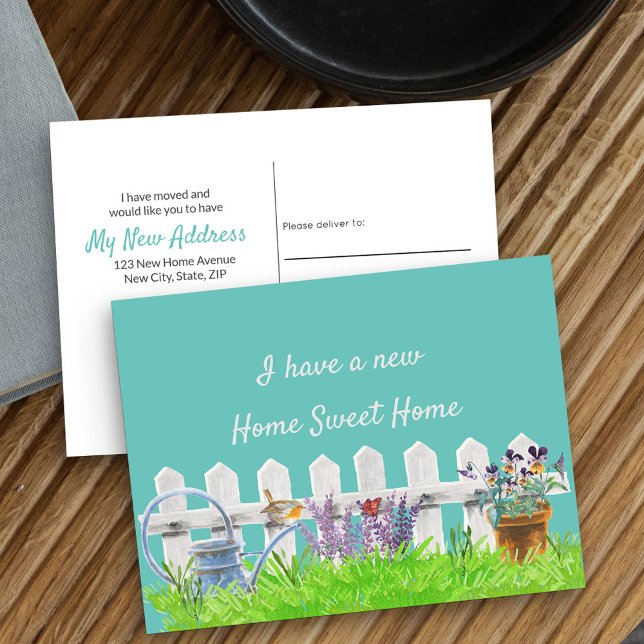 Home Sweet Home White Picket Fence My New Address Announcement Postcard (New Address postcard with idyllic cottage garden scene)