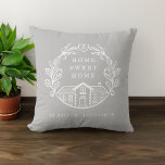 Home Sweet Home, Wreath Design & Coordinates Grey Cushion<br><div class="desc">Chic farmhouse country style throw pillow. Our design features a cute line art drawing of a home with a laurel wreath "Home Sweet Home" is designed inside the home crest design. Customise with a heart monogram. Add your coordinates, by search on google maps and other map sites. The grey background...</div>