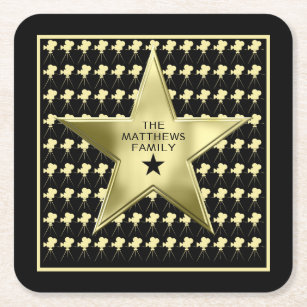 Home Theatre Personalised Family Name Movie Star Square Paper Coaster