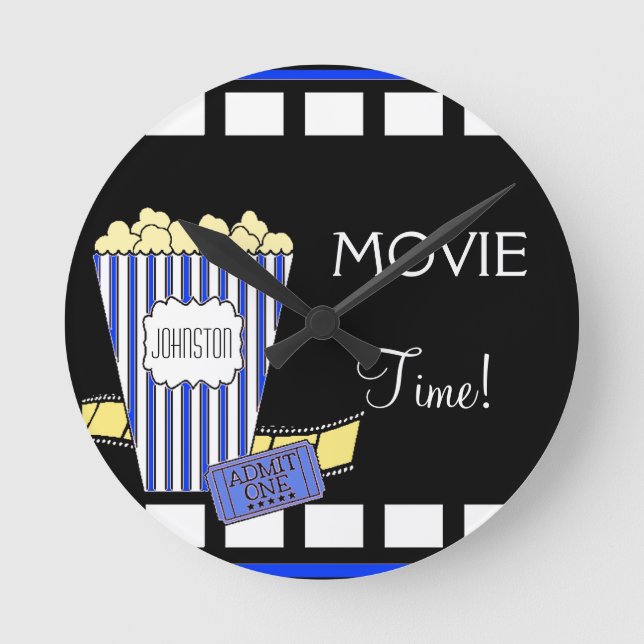Home Theatre Popcorn Box Blue Round Clock (Front)