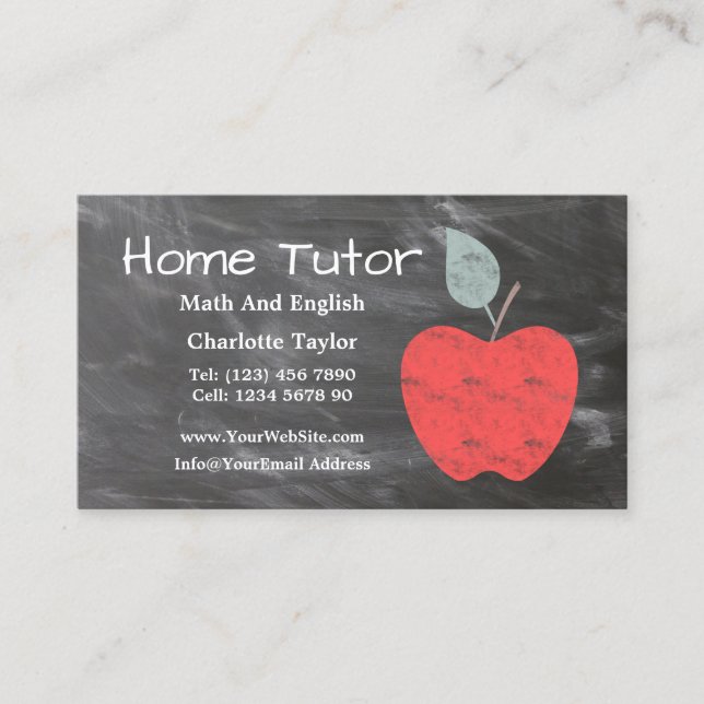 Home Tutor Teacher Apple Scrubbed Chalkboard V2 Business Card (Front)