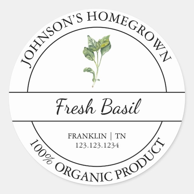 Homegrown Garden Fresh Organic Basil Label (Front)