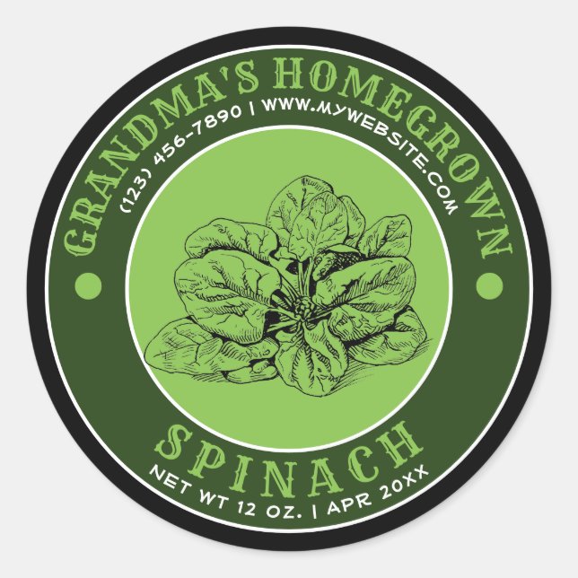 Homegrown Garden Spinach Canning Label Template (Front)