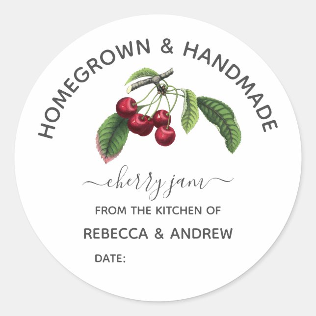 Homegrown & Handmade Cherry Jam Vintage Classic Round Sticker (Front)