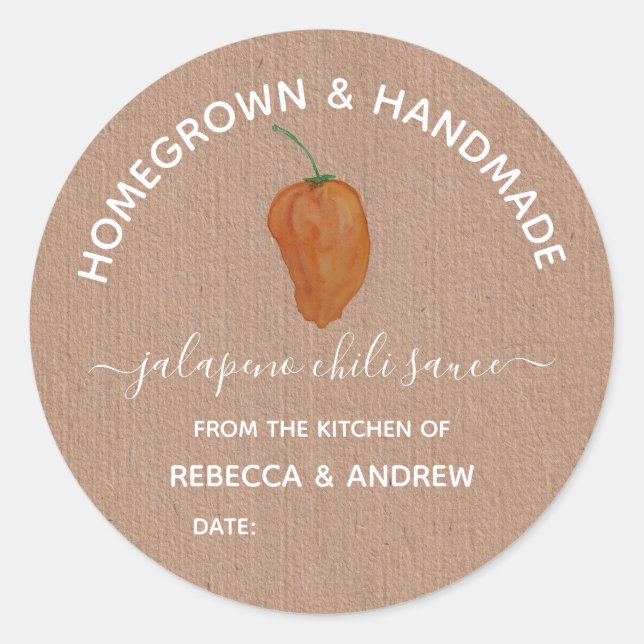 Homegrown & Handmade  Jalapeno Chilli Sauce Jar Classic Round Sticker (Front)