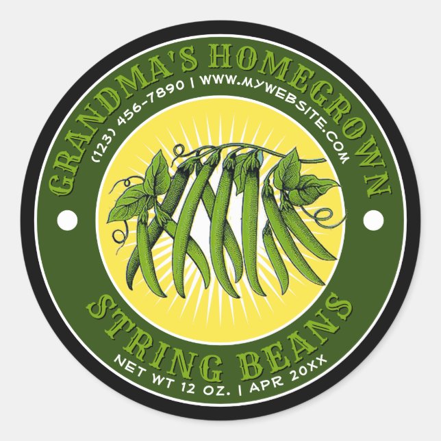 Homegrown String Bean Canning Label Template (Front)