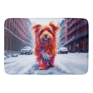 Homeless dog in cold snowy urban evening bath mat