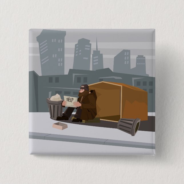Homeless Man Holding Help Sign Urban Poverty 15 Cm Square Badge (Front)