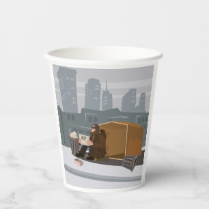 Homeless Man Holding Help Sign Urban Poverty Paper Cups
