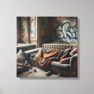 Homeless Man Napping in Abandoned Building Canvas Print