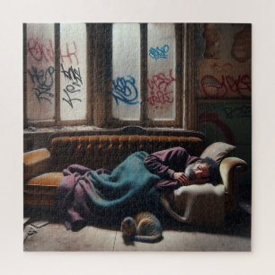 Homeless Man Sleeping in Abandoned Building Jigsaw Puzzle