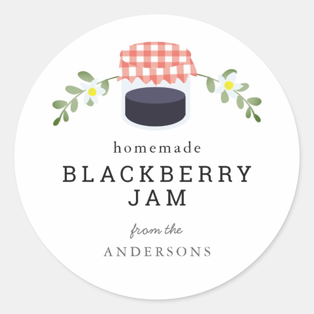 Homemade Blackberry Jam Jar Floral White Classic Round Sticker (Front)