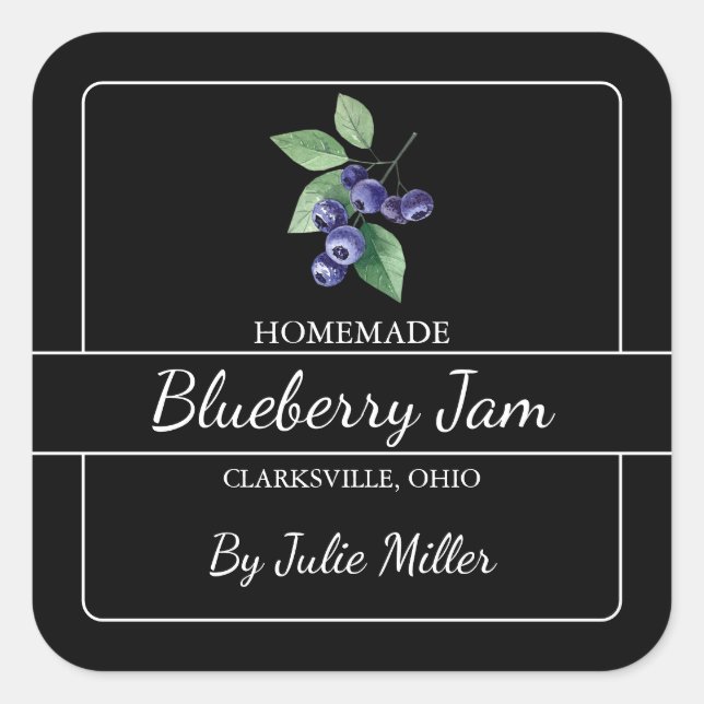Homemade Blueberry Jam Square Label Black (Front)