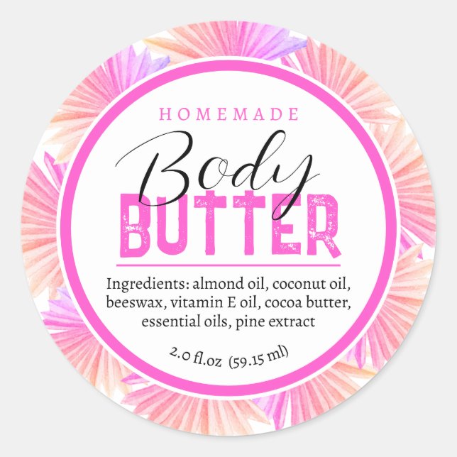 Homemade body butter ingredients pink palms classic round sticker (Front)