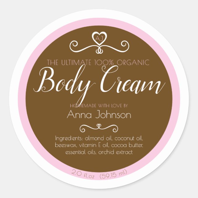 Homemade body cream ingredients pink brown white classic round sticker (Front)