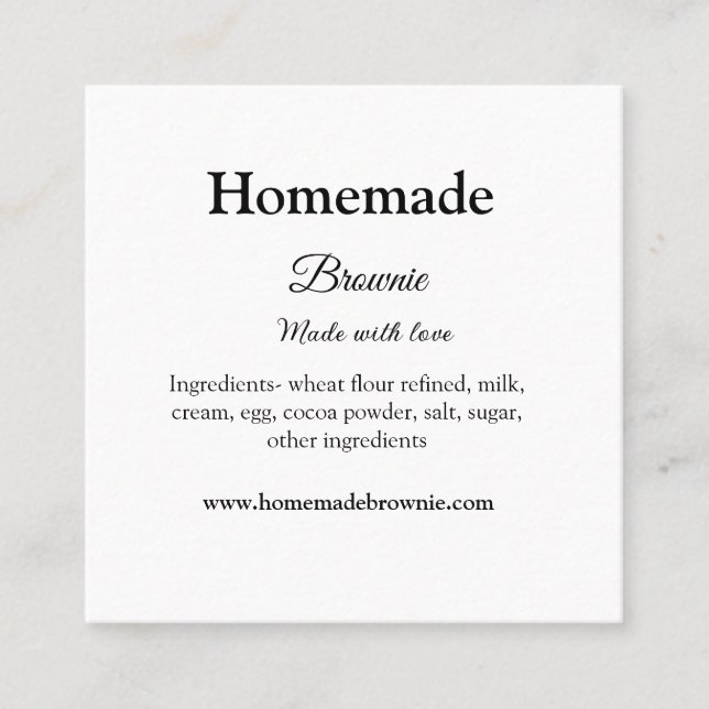 Homemade brwonie made with love add text website square business card (Front)