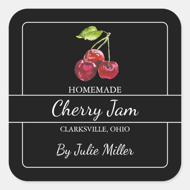Homemade Cherry Jam Square Label Black (Front)