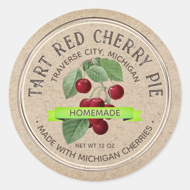 HOMEMADE CHERRY PIE Grunge Font Kraft Brown Classic Round Sticker (Front)