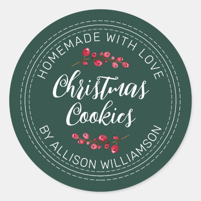 Homemade Christmas Cranberry Cookies Dark Green Classic Round Sticker (Front)
