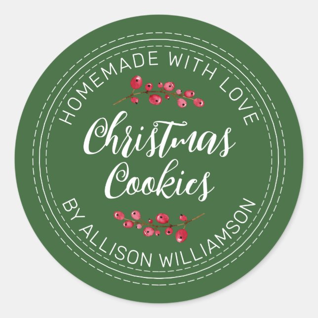Homemade Christmas Cranberry Cookies Green Classic Round Sticker (Front)