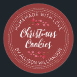 Homemade Christmas Cranberry Cookies Red Classic Round Sticker<br><div class="desc">Rustic and modern homemade baked goods sticker with the text homemade with love, christmas cookies and your name in off-black handwritten script calligraphy and modern typography on a red background with a stylish touch of cranberries sprigs. Simply add your name and the product name to the label. Exclusively designed for...</div>