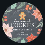 Homemade Cookies Floral Chalkboard Holiday Classic Round Sticker<br><div class="desc">This chic "baked with love,  homemade cookies" sticker features a black chalkboard background with gingerbread man,  holiday florals such as poinsettia flowers and red berries. Personalise for your needs. You can find matching products at my store.</div>