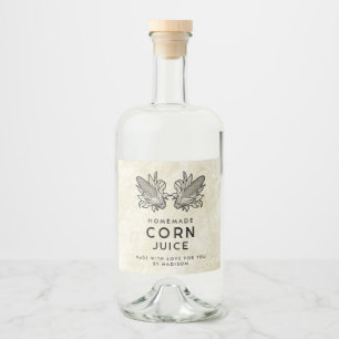Homemade corn juice with two cobs liquor bottle label