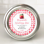 Homemade Cranberry Jam Canning Label<br><div class="desc">This fun and whimsical sticker features a jar of cranberry jam on a white lace doily and red gingham background. It is perfect for labelling your homemade goods. The text combines handwritten script and serif fonts for a stylish and modern look.</div>