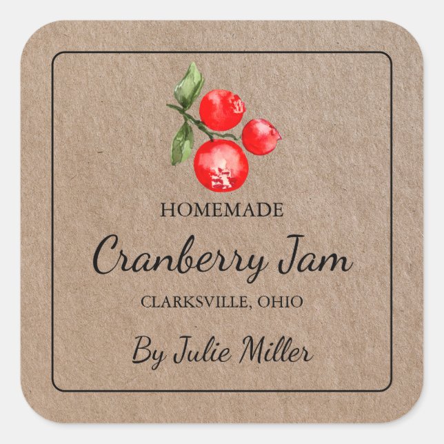 Homemade Cranberry Jam Square Kraft Paper Label (Front)