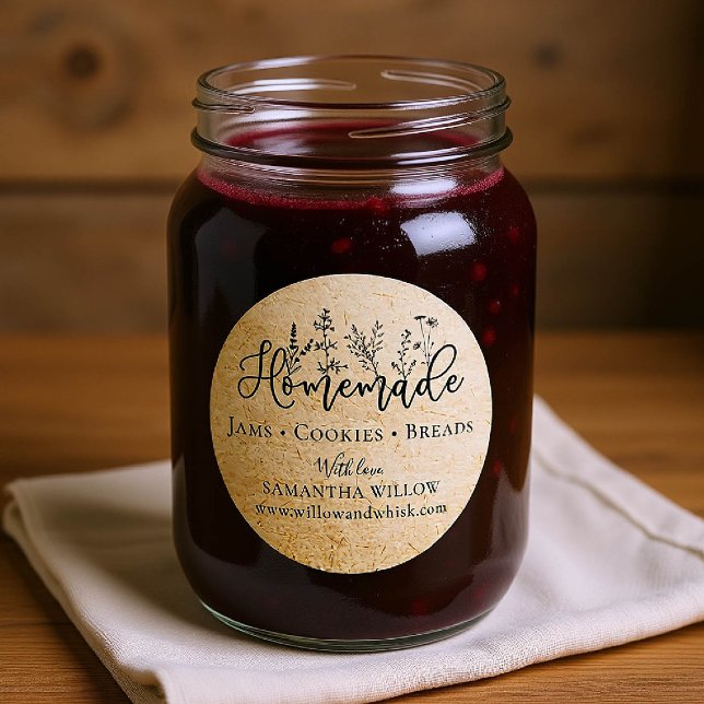 Homemade Floral Kraft Custom Product Packaging Classic Round Sticker (custom packaging label homemade round botanical business drink food gift kraft black wild garden)