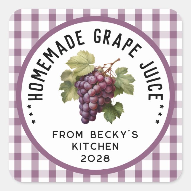 Homemade grape juice with chequered pattern square sticker (Front)