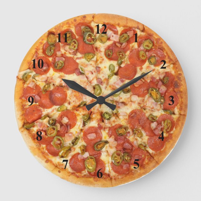 Homemade Ham Peppers Pepperoni Pizza Time Large Clock (Front)