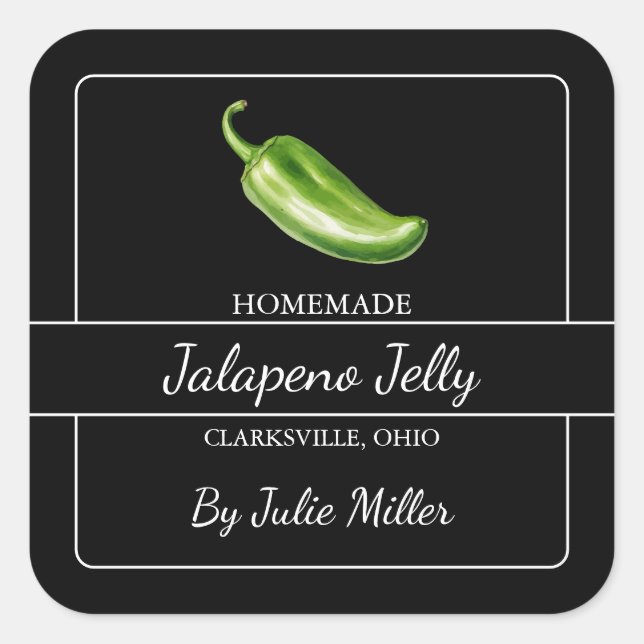 Homemade Jalapeno Jelly Square Label Black (Front)