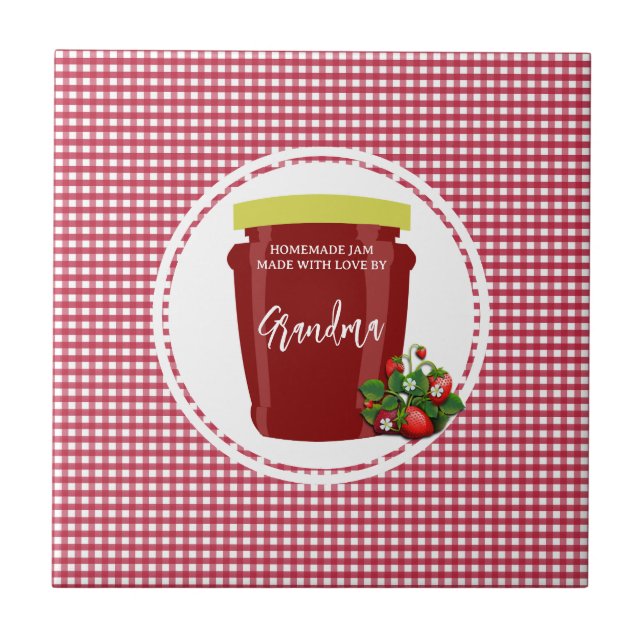 Homemade Jam Red and White Gingham Editable Label Ceramic Tile (Front)