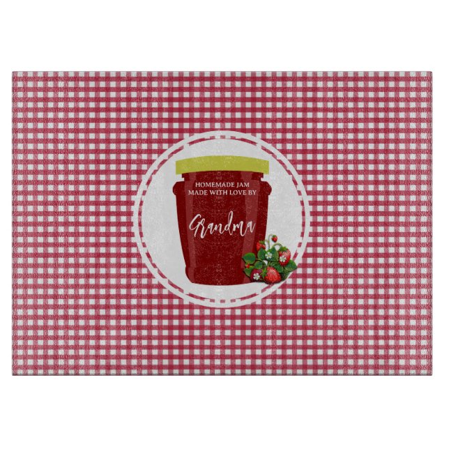 Homemade Jam Red and White Gingham Editable Label Cutting Board (Front)