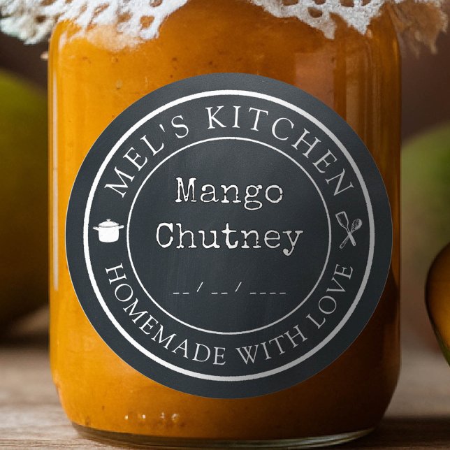 Homemade Kitchen Product Packaging Custom Black Classic Round Sticker (homemade cans preserves jellies jams honey food sticker black label custom personalized kitchen date)