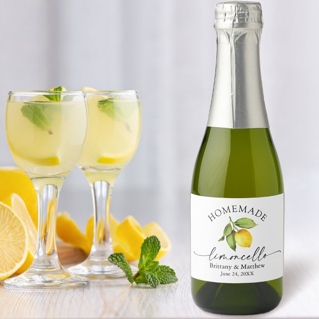 Homemade Limoncello Calligraphy Watercolor Lemon  Sparkling Wine Label (Customize to change your personalized text size or text style.)