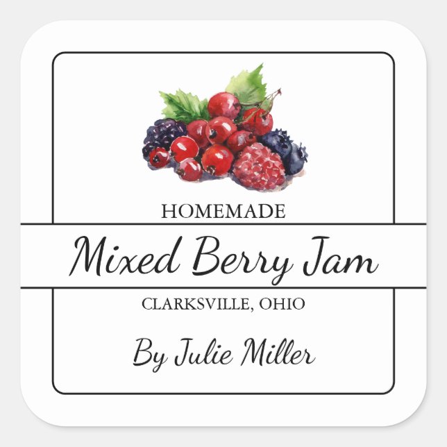 Homemade Mixed Berry Jam Square Label (Front)