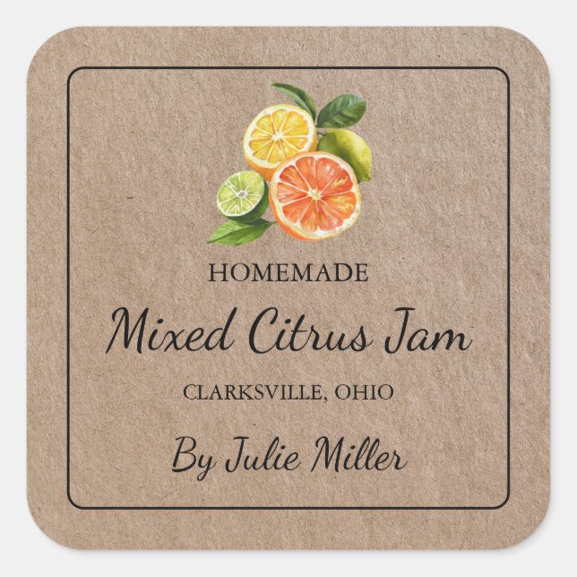 Homemade Mixed Citrus Jam Square Kraft Paper Label (Front)