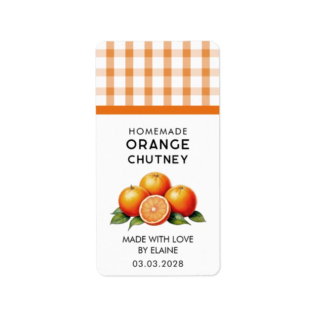 Homemade orange chutney with chequered pattern label (Front)
