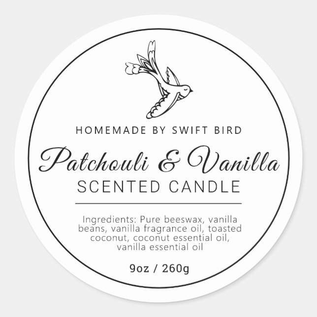 Homemade patchouli vanilla bird candle ingredients classic round sticker (Front)