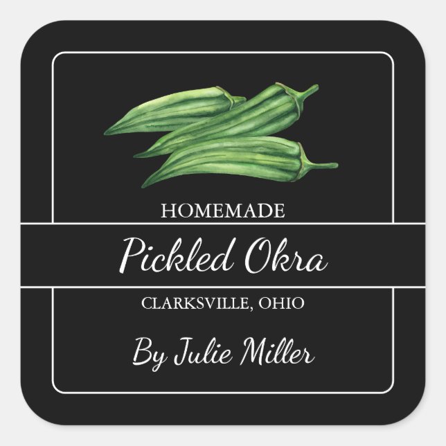 Homemade Pickled Okra Square Label Black (Front)