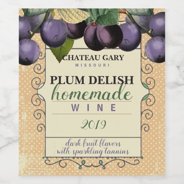 Homemade PLUM faux vineyard personalised wine Label (Single Label)