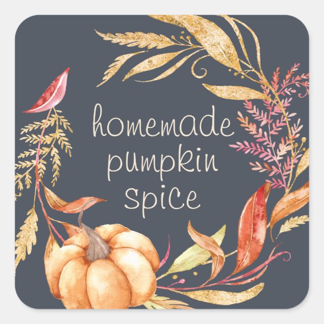Homemade Pumpkin Spice Gold Foliage Dark Blue Square Sticker (Front)