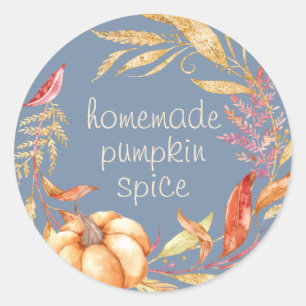 Homemade Pumpkin Spice Watercolor Foliage Blue Classic Round Sticker
