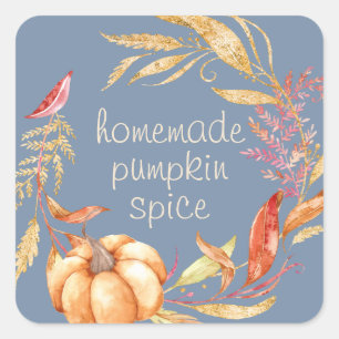 Homemade Pumpkin Spice Watercolor Foliage Blue Square Sticker