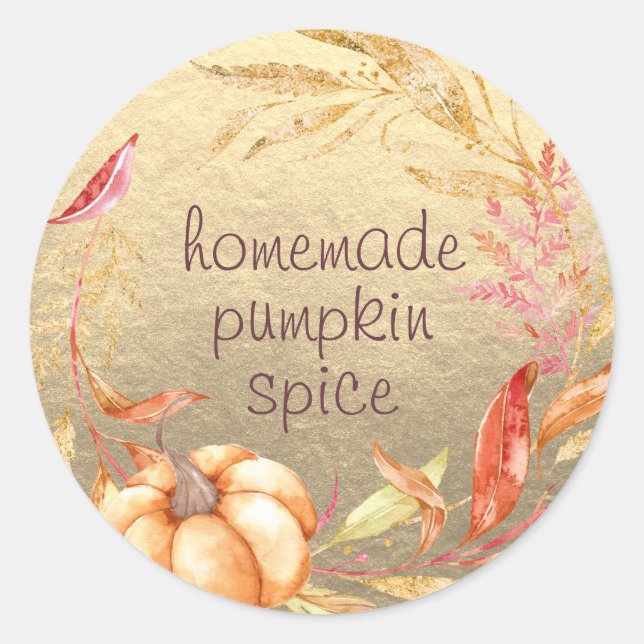 Homemade Pumpkin Spice Watercolor Foliage Gold Classic Round Sticker (Front)