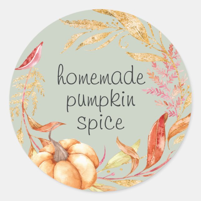 Homemade Pumpkin Spice Watercolor Foliage Green Classic Round Sticker (Front)